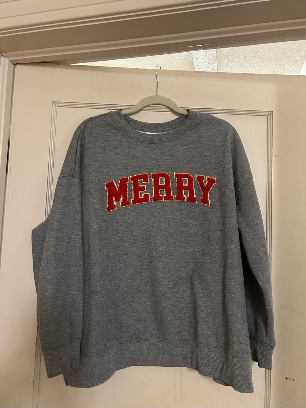 Terra & Sky Gray Crewneck Sweatshirt with Red "MERRY" Appliqué